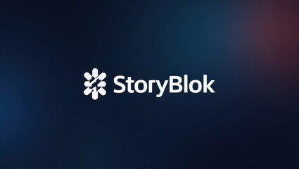 Storyblok. White StoryBlok logo symbol brand mark, digital technology concept, business website header, dark blue gradient background, modern style, professional design, corporate identity theme