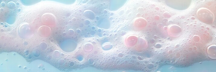 Fototapete - Bubbles form a delicate layer on the surface of blue liquid, highlighting soft pink and white tones in a bright setting. Generative AI