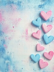 Poster - Colorful heart decorations laid out on a pastel background for crafts or celebrations in a creative space. Generative AI