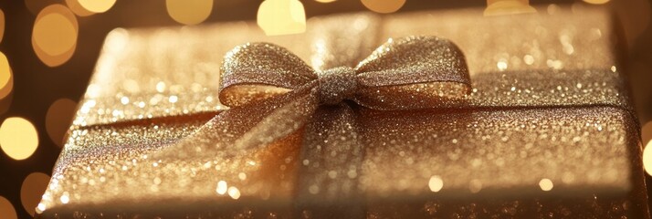 Aufkleber - Gift box adorned with golden ribbon and shimmering background lights during holiday season. Generative AI