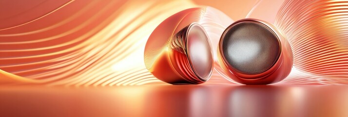 Fototapete - 3D speakers generate vibrant light waves in a modern setting with abstract patterns and soft shadows. Generative AI