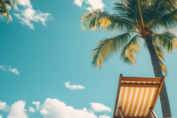 Poster - Bright blue sky with palm tree and sun loungers on a sunny day in a tropical paradise. Generative AI