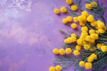 Yellow Mimosa on Purple Background. Yellow mimosa flowers on a textured purple background. Ideal for spring decor and feminine designs.