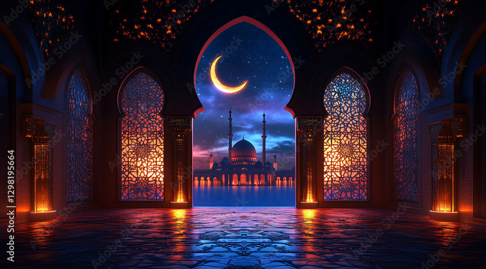 Magnificent mosque with glowing lanterns and a crescent moon at night ...