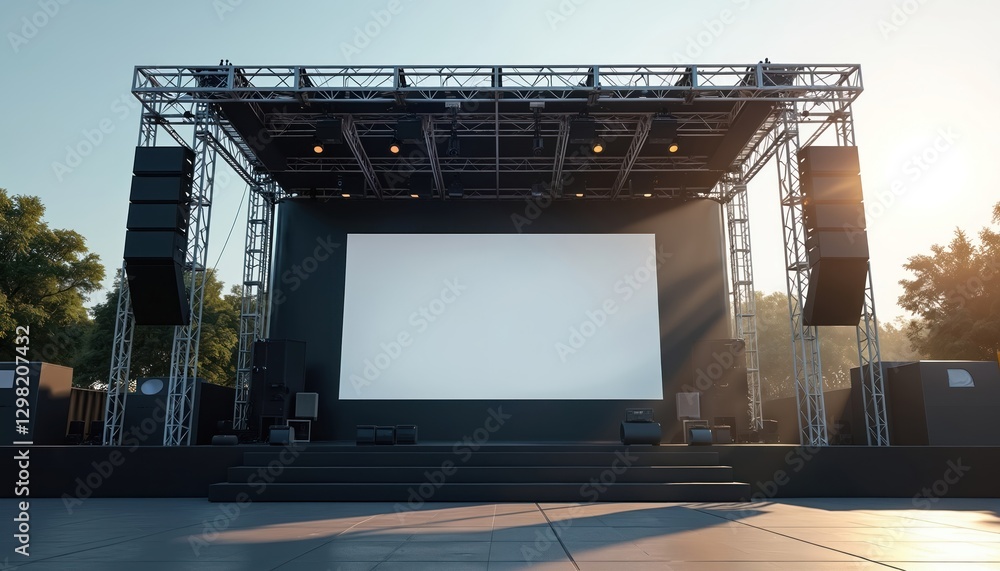 Outdoor concert stage setup with modern rigging, beam lights, sound ...