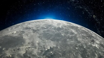 Wall Mural - Detailed surface of the moon with a glowing blue horizon and deep space in the background