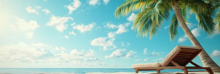 Poster - Relaxing beach scene with a lounge chair under palm trees on a sunny day by the ocean. Generative AI