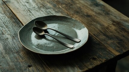 Aufkleber - Unique ceramic plate with two silver spoons placed on rustic wooden table in warm lighting. Generative AI