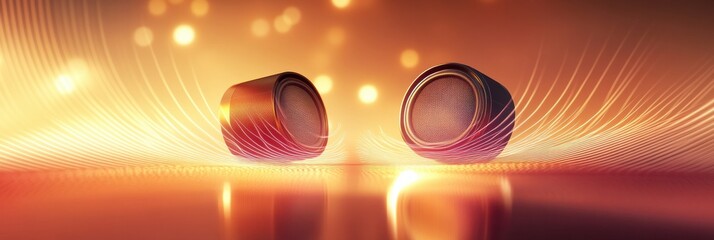 Fototapete - 3D speakers emit vibrant light waves in an artistic display of sound and illumination. Generative AI