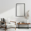 © SUUGOIisME - Minimalist living room interior with a comfortable armchair. a wooden side table. and a black framed poster on a white wall. with sunlight shining through the window