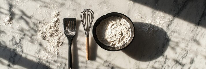 Poster - Flour and baking tools arranged on a marble counter with soft sunlight casting shadows. Generative AI
