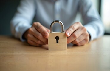 Aufkleber - Man holds wooden lock on table, protection, privacy. Represents secure access, digital safety, cybersecurity solutions for personal data protection. Concept for confidential information, system,