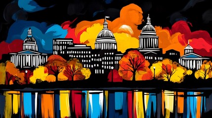 Wall Mural - autumn cityscape reflection, vibrant colors, capitol domes