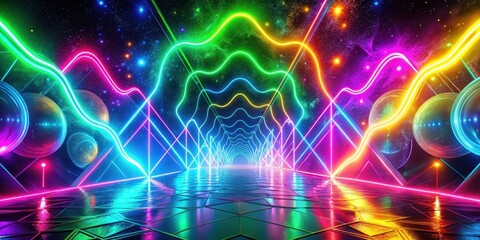 Wall Mural - A Vibrant Neon Corridor Through a Cosmic Landscape Featuring Glowing Lines and Reflective Surfaces