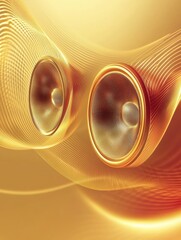 Fototapete - Creative 3D speakers glow with radiant light waves in a vibrant golden setting. Generative AI