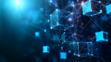 Abstract Digital Cubes Connected By Lines Glowing Blue In Dark Background