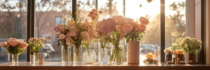Leinwandbilder - Beautiful arrangement of fresh flowers illuminated by warm sunlight in a cozy shop during early evening hours. Generative AI