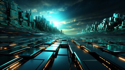 Wall Mural - futuristic city highway, digital landscape, sunset