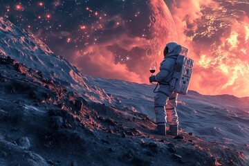 Wall Mural - astronaut in a spacesuit and helmet drinks a glass of wine on asteroid on galaxy background