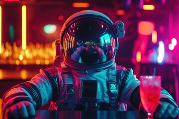 Wall Mural - an astronaut in a spacesuit and helmet sits in a bar with glass of refreshing tasty sweet cocktail with bright neon indoors lighting