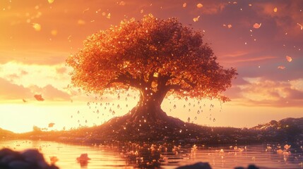Poster - Beautiful autumn tree with vibrant leaves reflecting in calm water at sunset. Generative AI