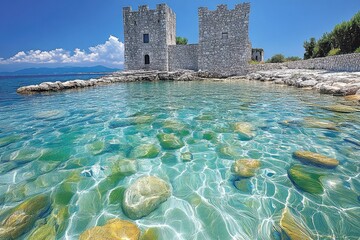 Wall Mural - Serene coastal view featuring ancient stone towers by clear turquoise waters under a bright sky