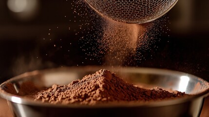 Poster - Cocoa powder being sifted into a silver bowl for baking activities in a kitchen setting. Generative AI