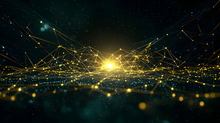 Abstract Network Data Flow With Glowing Dots and Lines in Dark Blue and Yellow Light