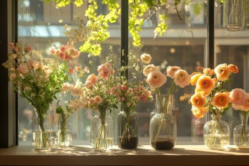 Aufkleber - Beautiful arrangement of fresh flowers displayed in glass vases against a sunlit window in a cozy shop. Generative AI