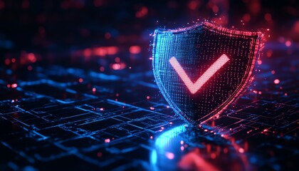 Aufkleber - 3D blue and red glowing shield with check marks