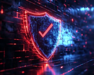 Aufkleber - Digital 3D glowing shield in blue and red with check marks