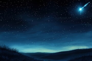 Poster - Night sky filled with stars and a shooting star over a serene landscape during twilight hours. Generative AI