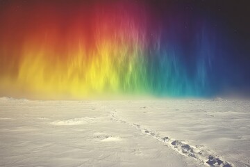 Wall Mural - Vibrant Aurora Borealis Illuminates Snowy Landscape with Footprints Leading into the Scene