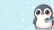 © qois - Cute penguin holding fish, light blue background