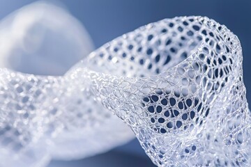 An abstract macro photograph of a delicate white net or mesh fabric creating a pattern against a blurred blue background, ideal for design elements or textures.