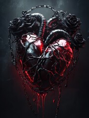 Aufkleber - Dark and moody heart sculpture surrounded by roses and chains in a mystical setting with a dramatic atmosphere. Generative AI