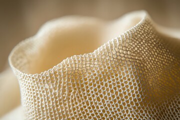 Wall Mural - A macro shot of a delicate, cream-colored net fabric creating abstract shapes with a shallow depth of field, showing unique texture and design.