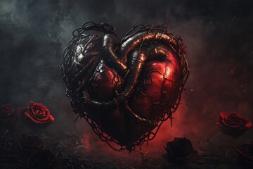 Aufkleber - Artistic representation of a bleeding heart intertwined with thorns and surrounded by dark roses at night. Generative AI