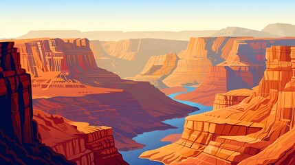 Wall Mural - A landscape illustration of a vast canyon with a river winding through it.