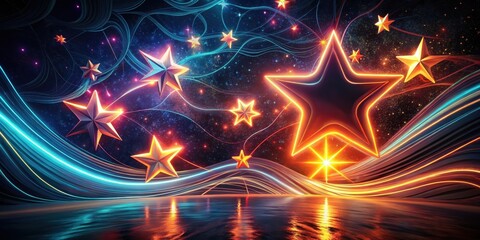 Wall Mural - Abstract Celestial Scene with Glowing Stars and Energetic Light Trails Reflecting on Calm Water