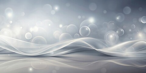 Wall Mural - Abstract Silver Wave Background with Glowing Bubbles and Reflective Surface