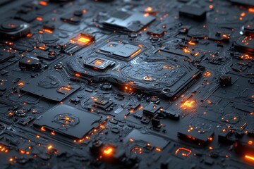 Futuristic Circuit Board with Glowing Highlights and Abstract Texture