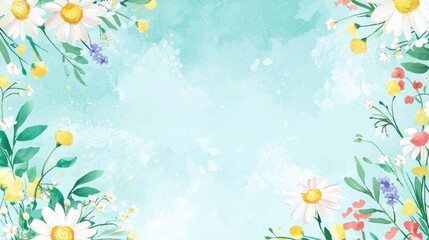 Wall Mural - acrylic brush-painted wildflower frame with daisies, violets, and soft greens.