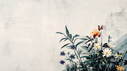 Wall Mural - acrylic brush-painted wildflower frame with daisies, violets, and soft greens.