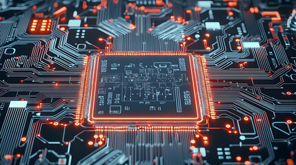 Close Up Of A Glowing Electronic Circuit Board With Orange And Blue Hues