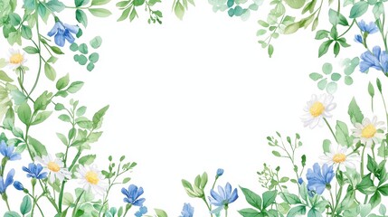 Wall Mural - acrylic brush-painted wildflower frame with daisies, violets, and soft greens.