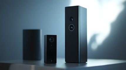 Elegant tech setup: Showcasing an array of sleek, modern audio equipment set against a soft backdrop with minimalist design, exuding a premium feel.