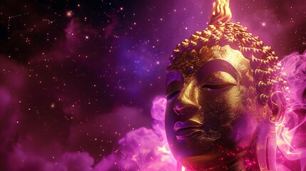 Wall Mural - A golden Buddha statue with a starry, purple background.