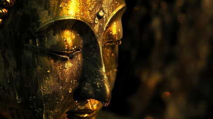Wall Mural - A close-up of a golden Buddha statue with water droplets on its face.