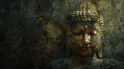 Wall Mural - A weathered gold Buddha statue against a dark, cracked background.